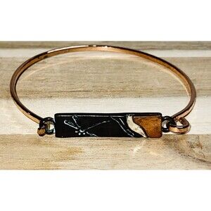 Copper Enamel Bangle Bracelet Modernist Bar Panel Black Teal Amber Dragonfly